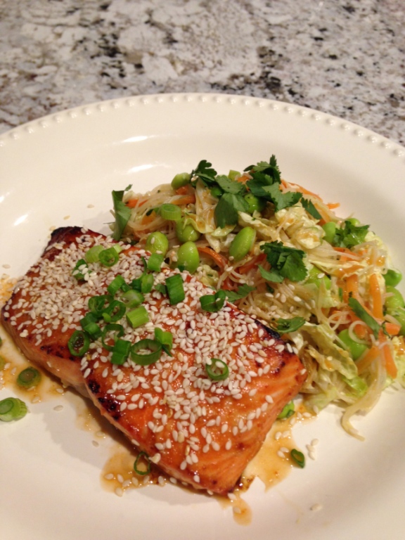 Sesame Ginger Salmon with Asian Noodle Salad; gluten free